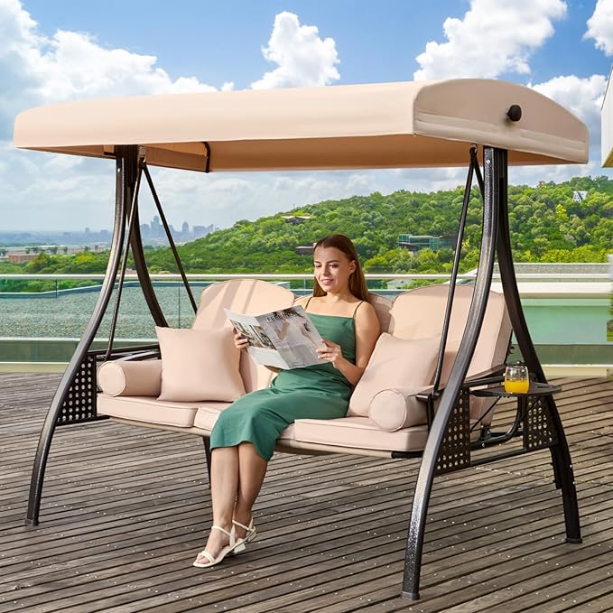 3 in 1 Outdoor Porch Swing with Adjustable Canopy, 3 Seat Outdoor Swing for Adults, Patio Swing Chair with Thickened Cushions,Pillows & Cup Holders for Backyard, Porch, Garden (Khaki)