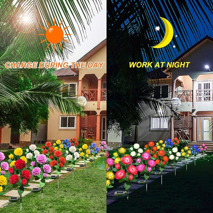 Solar Flower Lights Outdoor - Upgraded New Material Two Modes Realistic LED Solar Powered Waterproof Lights with 5 Roses, Solar Decorative Stake Lights for Garden (Blue, 4 Pack)