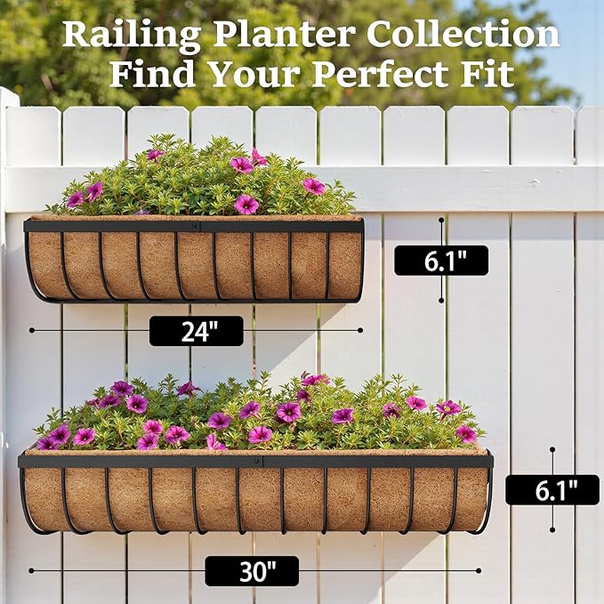 Railing Planter Boxes, 30 Inch Window Boxes Planters, Balcony Planters with Adjustable Brackets & Coco Liner & Support Rod for Outdoor Fence, Deck, Porch, and Patio Gardening, 3 Pack