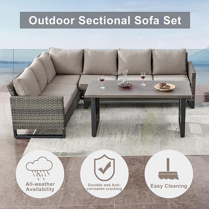 Belord Patio Sectional Furniture Set with Coffee Table: 8 Pieces Wicker Patio Conversation Set with L Shaped Sofa, Outdoor Swivel Glider Rocker, Rattan Ottomans, Removable