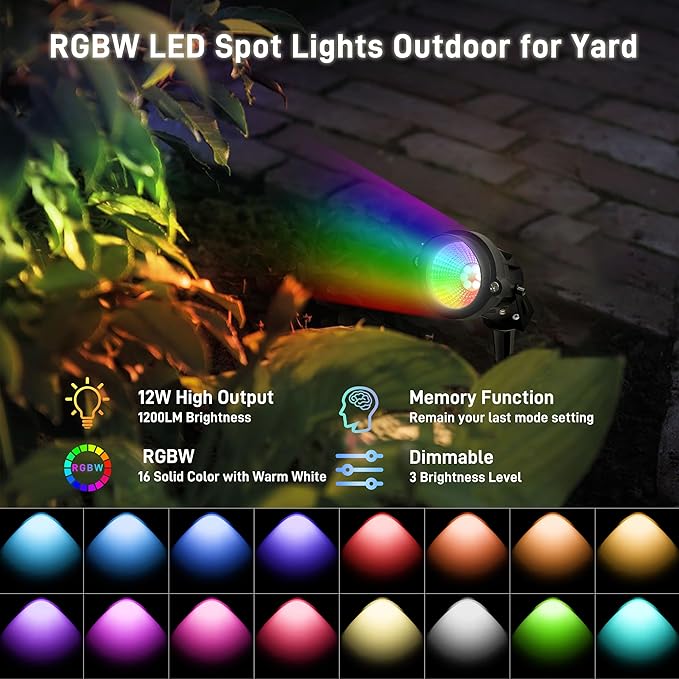 Halloween Christmas Outdoor Spotlights,12W RGBW Colors Changing Landscape Spotlight with Remote Control, IP65 Waterproof 110V LED Spotlight Indoor with US Plug for Yard Garden House (2Pack)