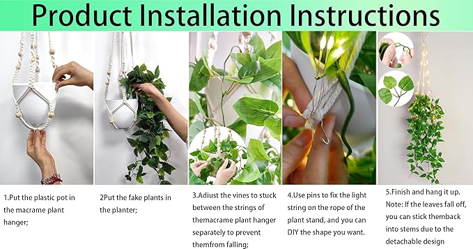 2 Packs Fake Hanging Plant with lights Artificial Plants with Pots for Home Decor Macrame Plant Hanger with Faux Vines Greenery for Bedroom Bathroom Room Ceiling Wall Boho Decor Indoor Outdoor