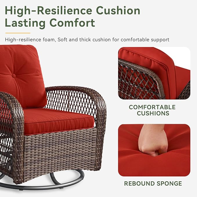 Aoxun 3 Pieces Patio Furniture Set, Patio Swivel Rocker Chairs Set of 2, Wicker Outdoor Bistro Set with Rocking Chair, Thickened Cushions and Table for Porch (Red)