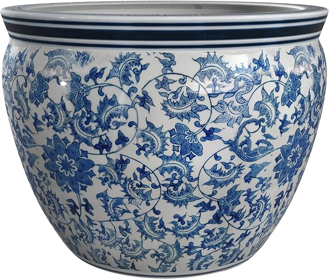 Red Lantern Large 18" Porcelain Fishbowl Blue & White Floral Planter or Cachepot for Indoor/Outdoor Use in Garden Entryway Living Room Boho Eclectic Modern Contemporary Classic Traditional Style Decor