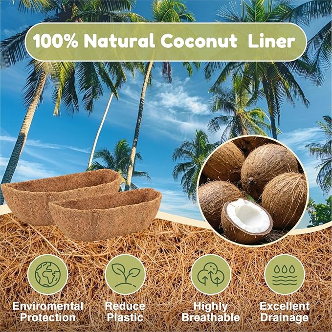 2 Pcs 24 Inch Trough Coco Liner for Window Box, 100% Natural Half Moon Coconut Coir Planter, Replaceable Coconut Fiber Liner for Window Boxes & Fence Flower Baskets (2, 24 inch)