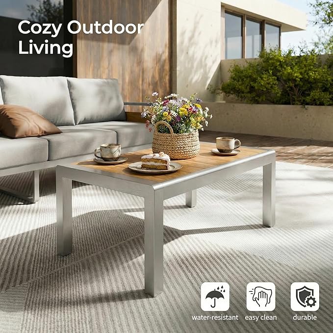 ZANDOR Aluminum Outdoor Patio Furniture - 1 Pcs Loveseat and Coffee Table, All-Weather Metal Modern Outside Furniture with Washable Thick Cushion for Garden/Backyard/Porch, Silver