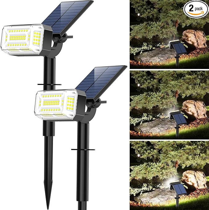 102 LED Solar Spot Lights Outdoor Waterproof IP65, Adjustable Landscape Spotlights, [2 Pack/4 Modes] Auto On/Off Solar Powered Flood Lights for Outside Yard Garden Wall Pathway (Cool White)