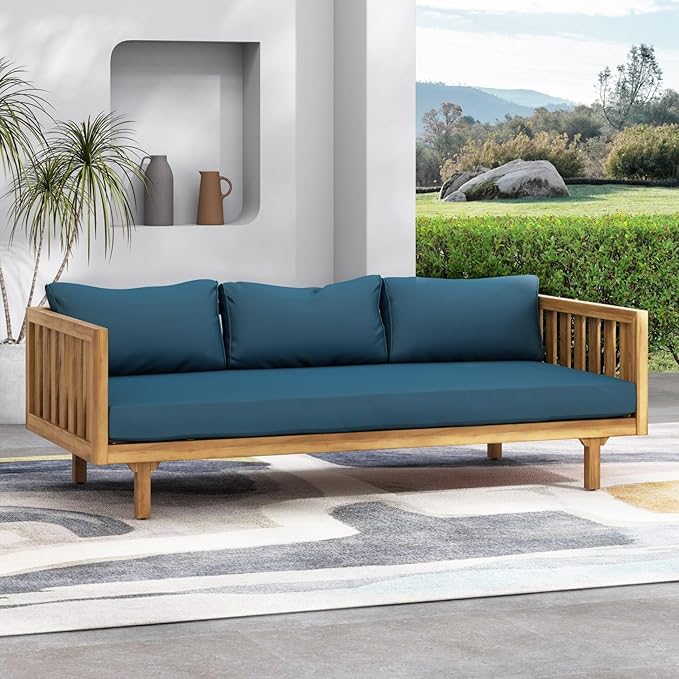 Merax Solid Acacia Wood Couch Chaise Lounge Chair Indoor, 3 Seater Daybed Sofa Couches with Cushions & Pillow, Heavy Frame Day Bed for Living Room, Office, Outdoor, Balcony, Patio, Water Resistant