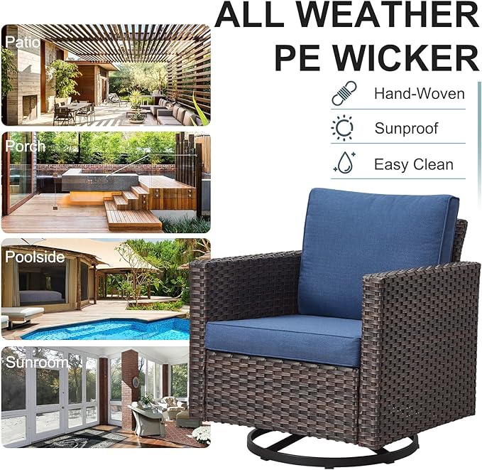 Belord 5 Pieces Wicker Patio Furniture Set: 4 Outdoor Swivel Glider Rocker Patio Conversation Set with 50000BTU Propane Fire Pit Table, All Weather Brown Rattan Anti-Rust Frame, Blue Cushion