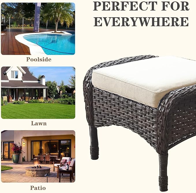 Belord Outdoor Ottomans for Patio Foot Rest - 25 Inch PE Wicker Foot Stool Set of 2 with Removable Cushions for Patio Furniture Sets,All Weather Rattan Ottoman for Balcony Deck Backyard Brown