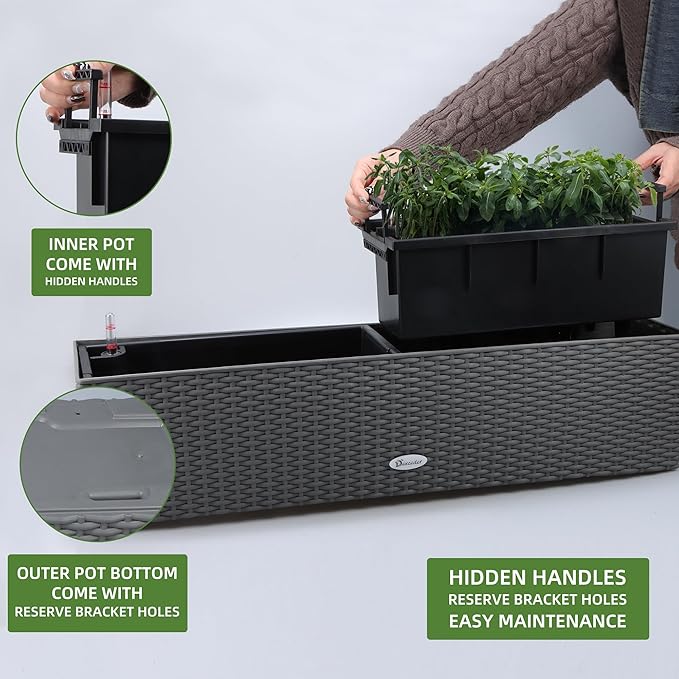 Dexceder 31.5 Inch Rattan Self Watering Planter Indoor Outdoor, Thickened Large Rail Flower Plant Pot Window Box with Water Level Indicators (Deep Gray)