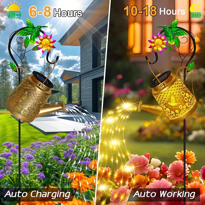 Hummingbird Solar Lanterns Garden Decor, Outdoor Waterproof Watering Can with Shepherd Hook, Solar Garden Decor for Yard Outdoor Landscape Pathway, Gifts for Women Mom Grandma Birthday Christmas Gifts