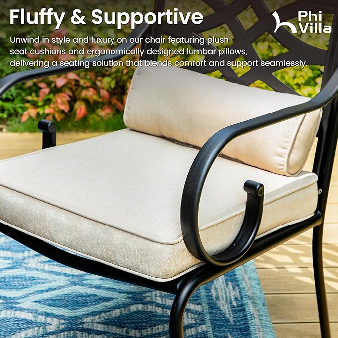 PHI VILLA 7 Pieces Outdoor Dining Set for 6, 54" Round Black Metal Table with Umbrella Hole & Wrought Iron Chairs, Rustproof Large Outside Furniture with Cushions & Pillows for Patio, Deck, Porch