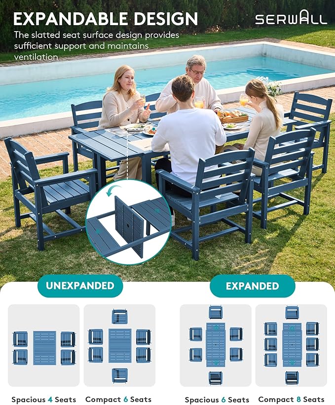 SERWALL 9-Piece Outdoor Dining Set, 60" - 83" Expandable Outdoor Dining Table and 8 HDPE Chairs, All Weather HDPE Outdoor Furniture Set for Backyard, Garden, Blue