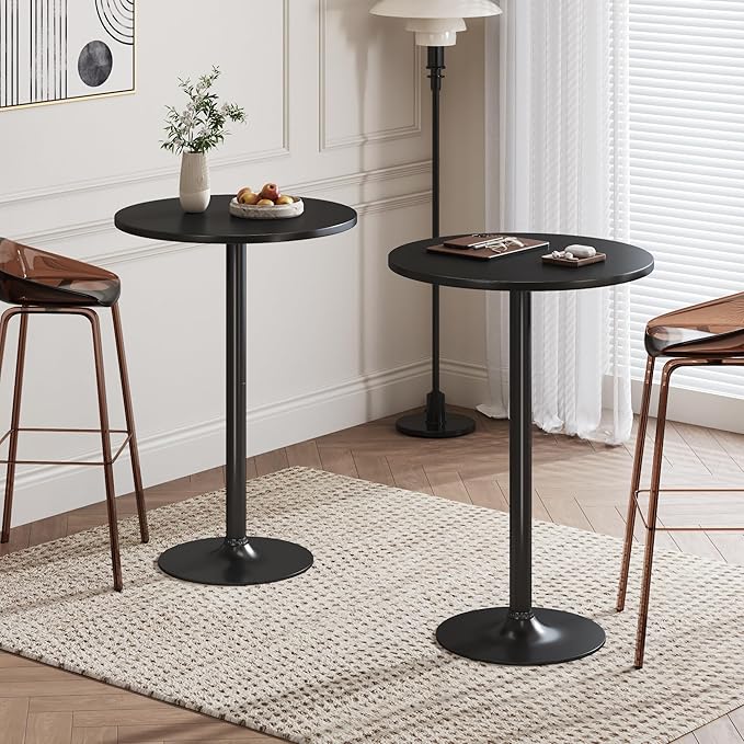 Flamaker Round Bistro Pub Table Modern Style Metal Base MDF Top Cocktail Bar Table Counter Bar Height for Pub, Dining Room, Party (2, Full Black)