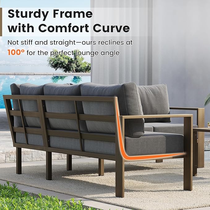 UDPATIO 6 Piece Patio Furniture Set, Faux Wood Metal Outdoor Sectional Sofa with 6" Thick Olefin Cushions, Wide Armrest & Coffee Table, L Shaped Outdoor Furniture for Garden, Backyard Dark Grey