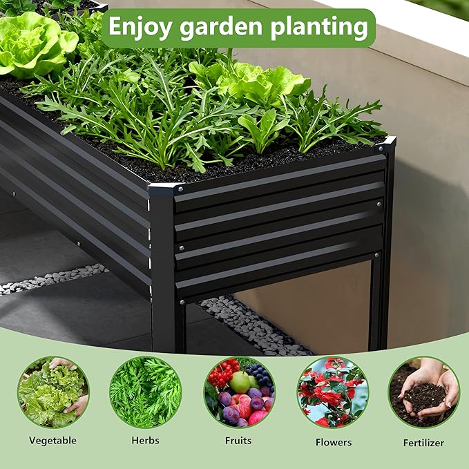 2PCS 48×24×30in Galvanized Raised Garden Bed,Metal Elevated Planter Box with Legs for Patio,Balcony,Backyard,300lb Capacity,Black