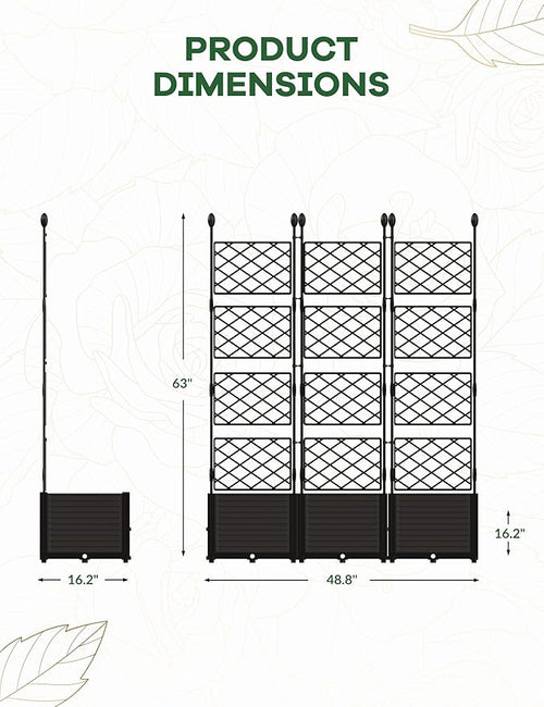 3 PCS Raised Garden Bed with Trellis, 48" LX16 WX63 H Plastic Planter Box for Climbing Plants, Outdoor Vertical Garden with Privacy Screen for Patio, Balcony, Backyard – Sturdy & Lightweight