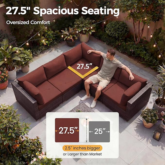 NICESOUL 9 Pcs Large Outdoor Patio Furniture Set with Firepit Natural Gas & Propane, 29.3 High Back Comfy Conversations Sofa Sets Modular, Wide Sectional for Heavy Weight, Brown Rattan and Red Cushion