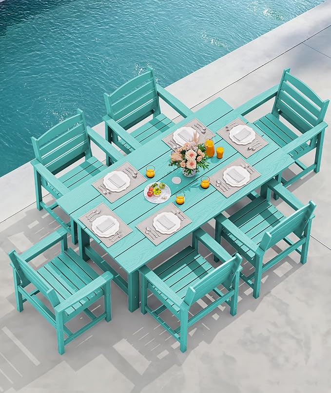 SERWALL 8-Piece Patio Dining Sets with 15FT Double Side Patio Umbrella, Outdoor HDPE Dining Furniture Set with Umbrella Hole Cut-Out Table and 6 Chairs, Aruba（Umbreall Base not Included）