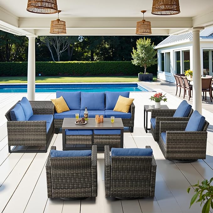 Belord Spacious 11 Pieces Patio Conversation Set - 5-Seater Outdoor Furniture Sectional Sets with Swivel Glider Chairs Set of 4 and Storage Box, Metal Top Coffee Table with Embedded Ottoman Gray