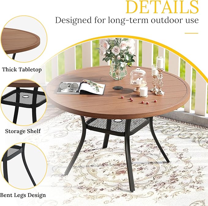 VICLLAX Round Patio Table with Adjustable Umbrella Hole, All Weather Outdoor Round Dining Table for Lawn Garden, 41.2"x 28" Walnut Wood-Like Outdoor Coffee Table