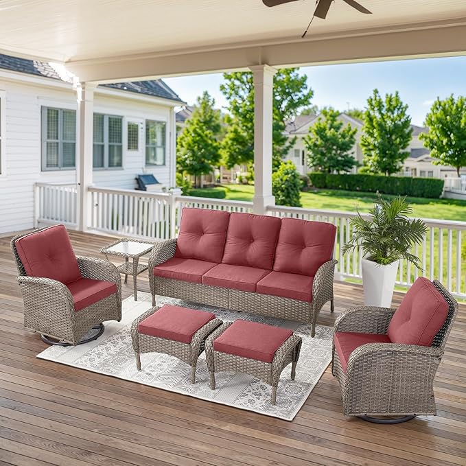 Belord Outdoor Ottomans for Patio Foot Rest - 25 Inch PE Wicker Foot Stool Set of 2 with Removable Cushions for Patio Furniture Sets,All Weather Rattan Ottoman for Balcony Deck Backyard Brown