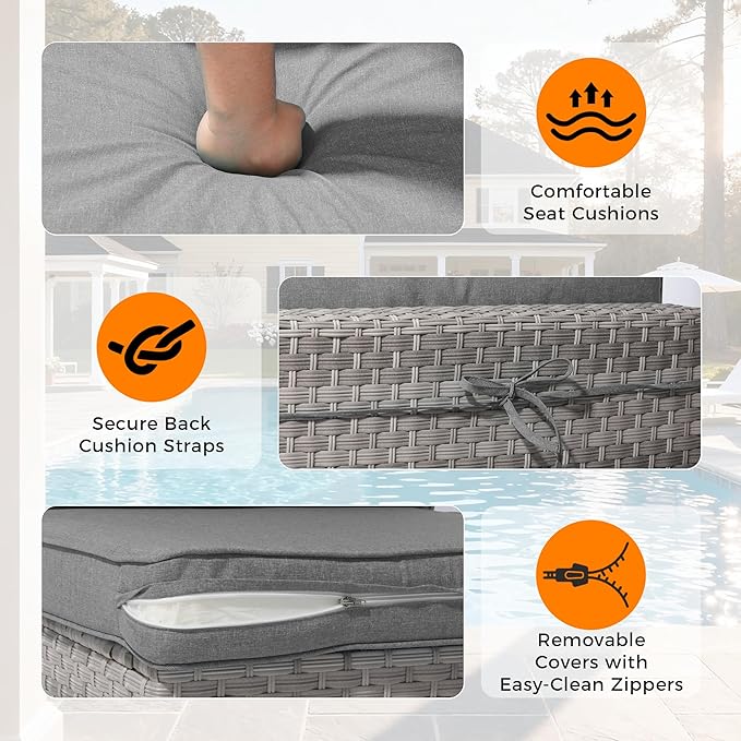 6-Seat Modern Outdoor Wicker Rattan Patio Furniture Set with 55,000 BTU Fire Pit Table, Thick 4″ Cushions, All-Weather Dual-Strand Rattan, Rust-Resistant Steel Frame,Gray