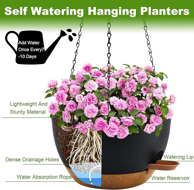 10 inch Hanging Planters for Indoor Plants, 3 Pack Self-Watering Hanging Planter Pots with Chain and Drainage Holes, Outdoor Hanging Baskets for Garden Home Decor (Black With Brown, 3pcs/10inch)