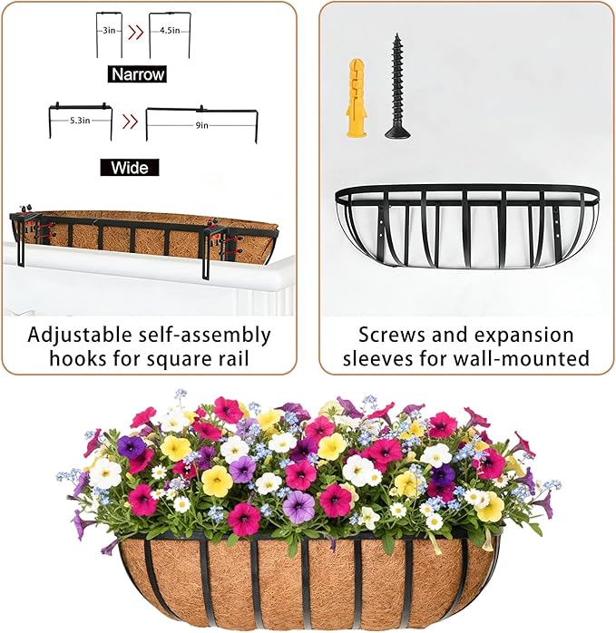 30'' Window Box Railing Planter with Coco Liner,2 Pack Horse Trough Planters Black Metal Hanging Flower Planters Basket for Porch Fence Patio Indoor Outdoor Lawn
