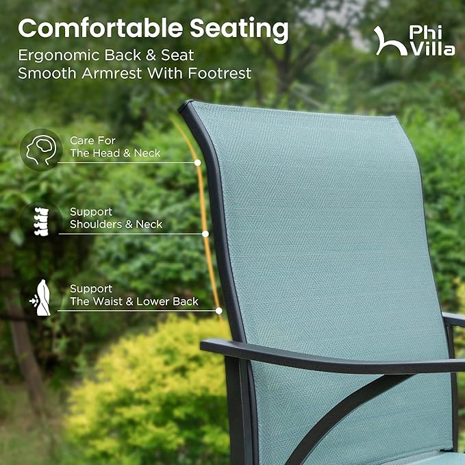 PHI VILLA 5 Piece Outdoor Bar Set, High Top Patio Bistro Bar Table and 4 Outdoor Swivel Bar Stools Chairs with Teal Textilene Fabric for Outside, Balcony, Garden and Yard