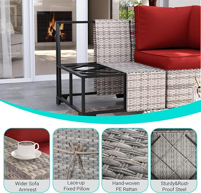 16-Piece Outdoor Patio Furniture Set with Rocking Swivel Chair, PE Wicker Rattan Sectional Sofa Patio Conversation Set with 55,000 BTU Fire Pit Table & Coffee Table, Red