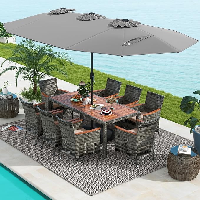 Tangkula 10 Pieces Patio Wicker Dining Set w/Double-Sided Patio Umbrella, Outdoor Acacia Wood Furniture Set w/ 8 Armchairs, 71” Dining Table & 15 ft Umbrella with Weighted Base (Gray)