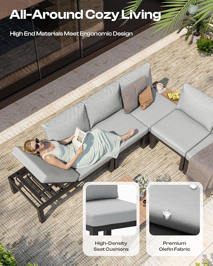 Aluminum Modular Outdoor Patio Furniture Set, 8 Seats Sectional Sofa Set with Adjustable Backrest & Thick Cushions, All-Weather L-Shaped Corner Set with Table for Garden & Yard, Gray