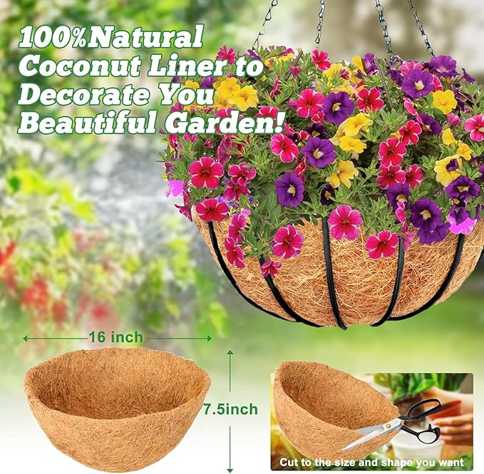 Y&M 2pcs 16“ Round Coconut Fiber Liner, 16'' Coco Liner Pre-Formed Replacement for Wall Hanging Planter Basket