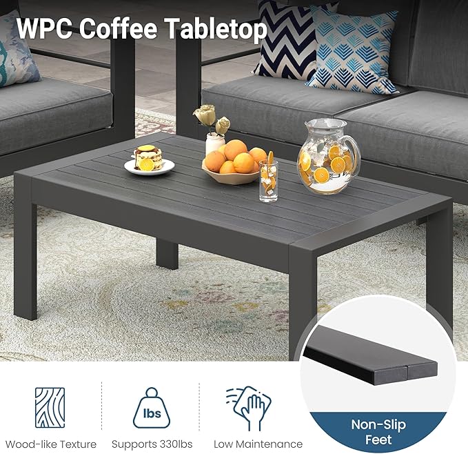 Modern Aluminum Outdoor Coffee Table, All-Weather Metal Rectangle Table for Patio, Balcony or Garden, Dark Grey