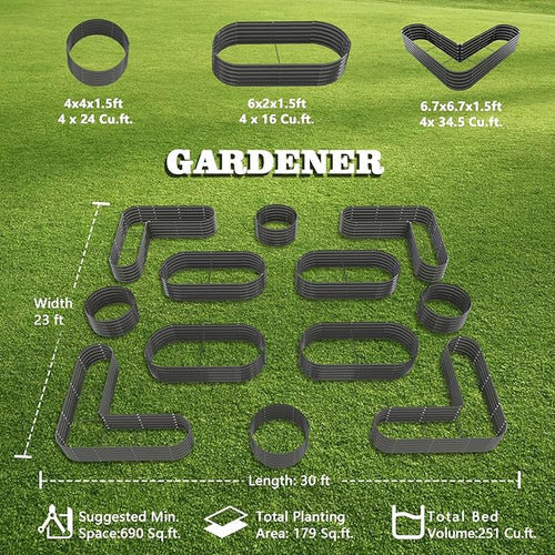 A ANLEOLIFE 12-Pack Galvanized Raised Garden Beds Outdoor, 18" Deep Modular Metal Planter Box Kit, Whole Backyard Farm Garden System with Oval Heart & Round Beds for Vegetable & Flowers, Quartz Grey