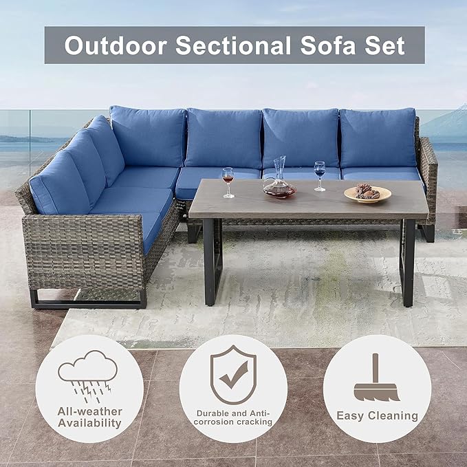 Belord Patio Sectional Furniture Set with Fire Pit Table: 8 Pieces Wicker Patio Conversation Set with L Shaped Sofa, Outdoor Swivel Glider Rocker, Rattan Ottomans, Removable Cushions Blue