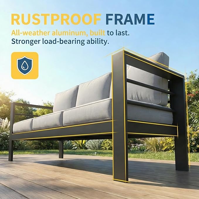 Solaste Aluminum Patio Furniture Set for All Weather, Oversized Outdoor Furniture Set with 27.5" Deep Seating and 3.2" Wide Armrest, Outdoor Patio Conversation Sets with 5" Cushion,Black and Grey