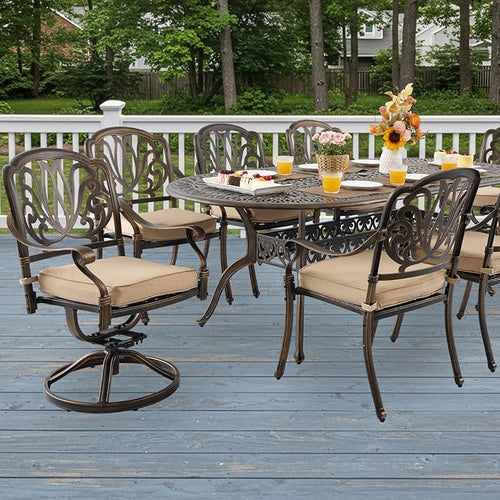 9-Piece Cast Aluminum Patio Furniture, Outdoor Dining Sets for 8 Include 87" Oval Patio Dining Table, 6 Stackable Chairs & 2 Swivel Chairs with Cushions & Umbrella Hole(Bronze)