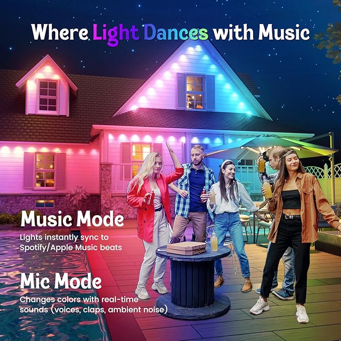 Fitop Permanent Outdoor Lights, 100FT RGB LED Eaves Light for Home, IP67 Waterproof Outdoor Strip Light, Extendable, DIY Scene Modes, Music Sync, App/Remote Control