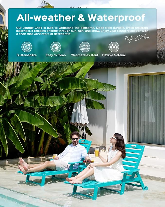 Outdoor Lounge Chair Set of 4, All Weather Patio Chaise Lounge Chair for Outside, HDPE Chair with Rolling Wheels & Cup Holder, 5 Position, Deck, Pool, Lake Blue