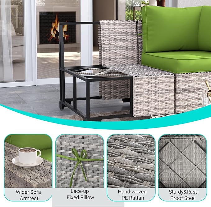6-Piece Outdoor Patio Furniture Set Wicker Sectional Sofa Set, Patio Conversation Set with Thickened Cushions & Coffee Table for Garden, Backyard, Poolside, Avocado Green
