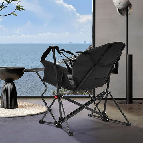Ainfox Hammock Camping Chair with Footrest, Foldable Portable Rocking Chairs for Adults Outside Swinging Camp with Cup Holder Pillow for Outdoor Patio Poolside (Dark Black)