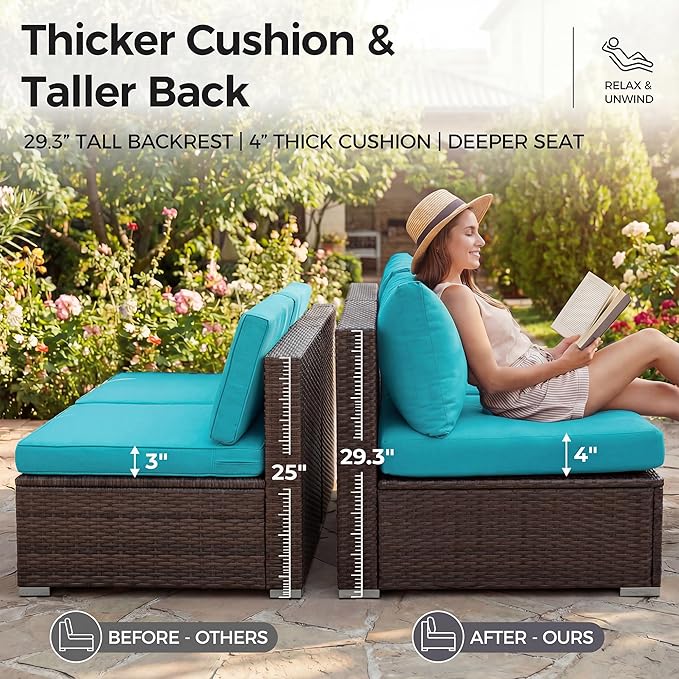 NICESOUL10 Piece Outdoor Couch Furniture Set with Fire Pit Natural Gas/Propane, 29.3'' High Back Luxury Comfortable Conversations, Deep Wide Seating Sofa Sectional, Brown and Turquoise