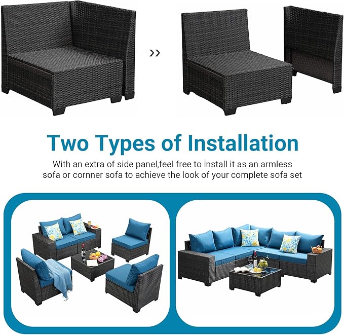 Jing's Villa 8-Piece Patio Furniture Set, All-Weather Outdoor Wicker Sectional Sofa with Cushions,Glass Table & Left and Right Armrest, Rattan Conversation Seating for Porch, Backyard,Peacock Blue