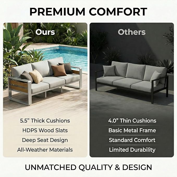ZANDOR Aluminum Outdoor Patio Conversation Furniture Set, 5 PCS Metal Modern Outside Sectional Lawn Furniture with Coffee Table & Washable Thick Cushions,Seating Sofa for Garden/Backyard/Porch Silver