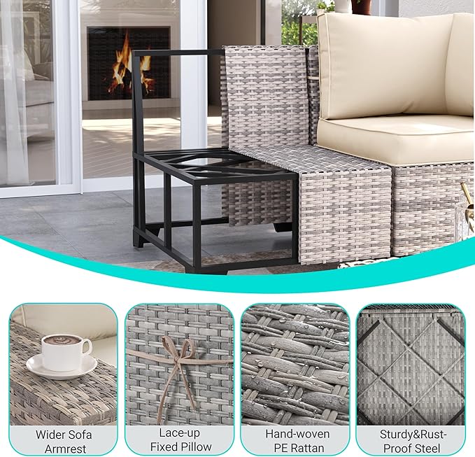 15-Piece Outdoor Patio Furniture Set with Rocking Swivel Chair Wicker Sectional Sofa Set, Patio Conversation Set with Thickened Cushions & Coffee Table for Garden, Backyard, White
