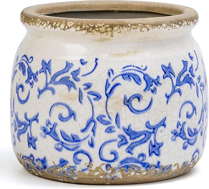 Flower Pot,Vintage Ceramic Pot for Planter with Drainage Holes, 6.29 inch Ice Crack Glazed Indoor Planters Pot for Indoor,Tuscan Home Decor,Gardening Gifts,Blue and White (Tropical)