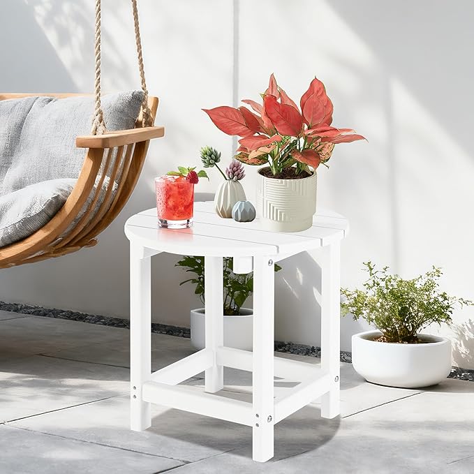 LZRS Round Adirondack Patio Side Table End Table, Outdoor Side Tables for Patio, Backyard,Pool, Indoor Companion, Easy Maintenance & Weather Resistant(White)